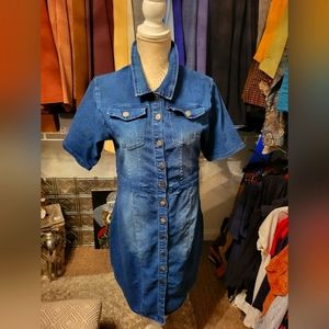 Denim Turndown Collar Chest Pocket Button Up Denim Dress